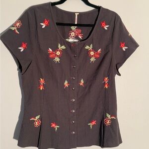 Free People Washed Black Button-Front Embroidered Floral Top
